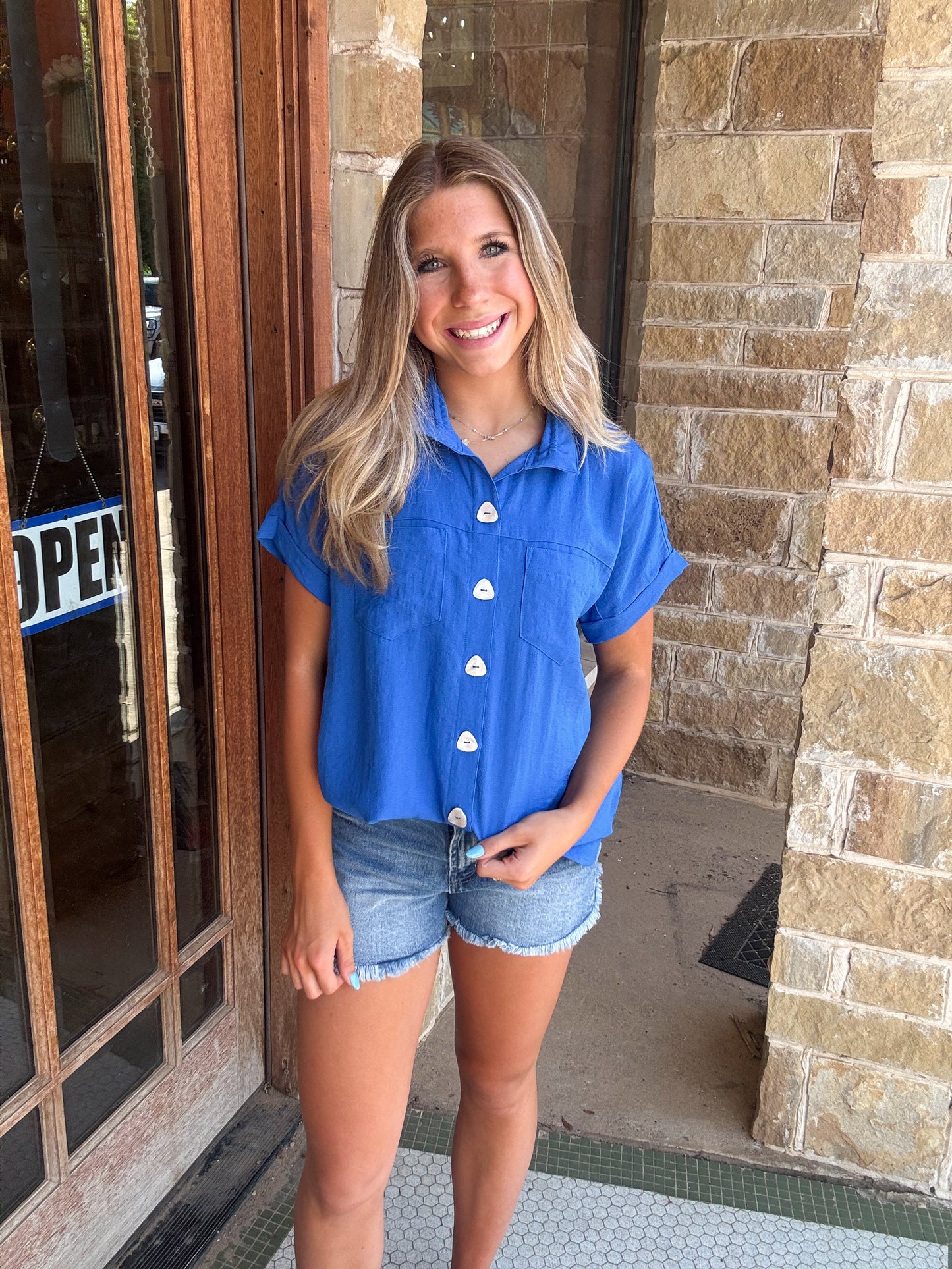 Tops | John Mark Blouse Solid Button Up Top with Wire Collar & Short Sleeves