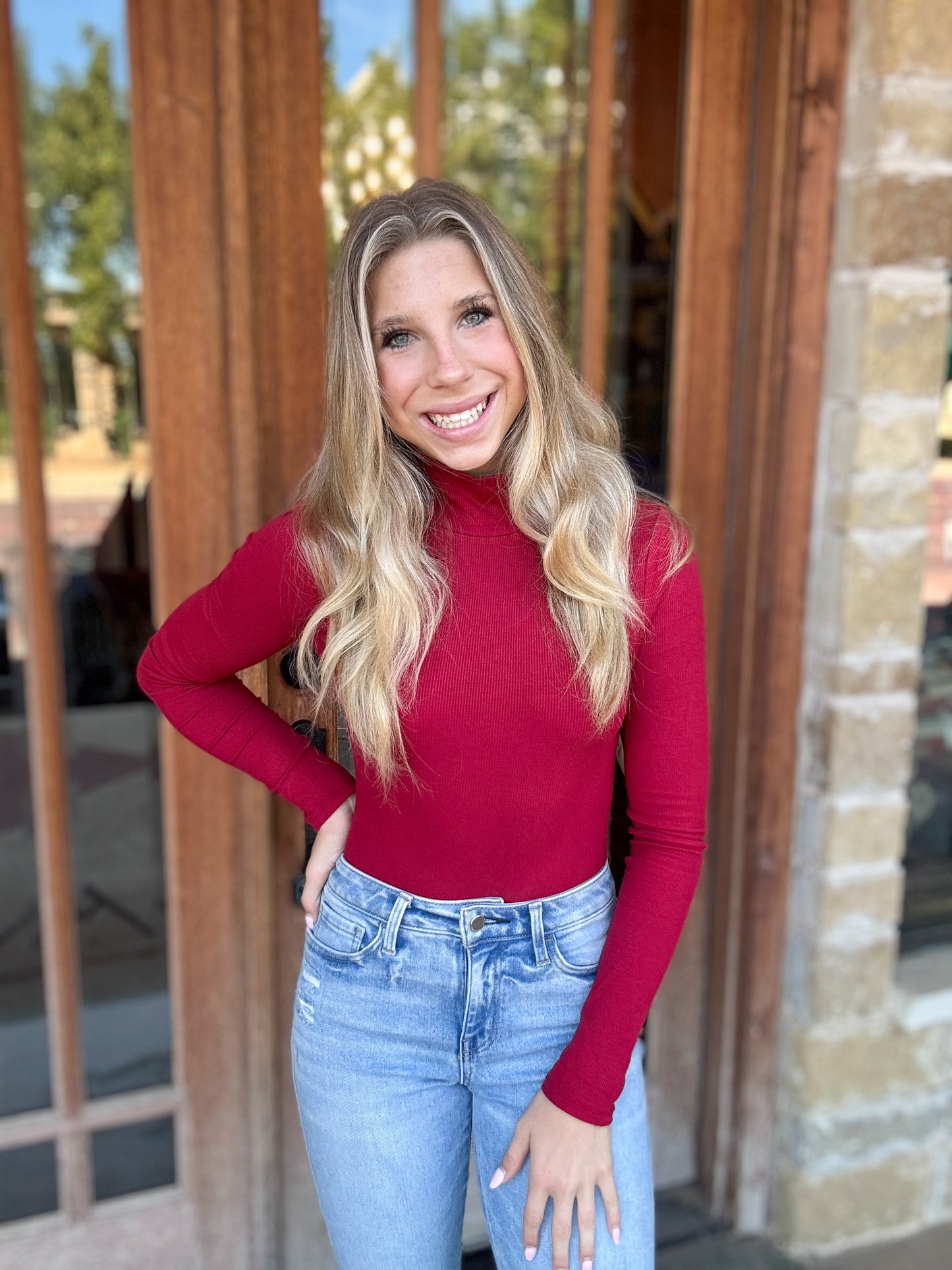 Tops | Turtleneck Micro Ribbed Long Sleeve Garnet Red