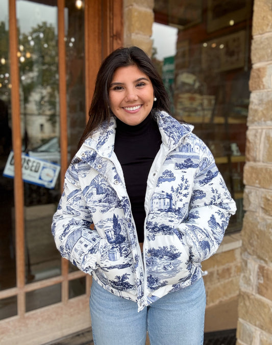 Coat | Jacket Blue Toile Snap Button Puffer