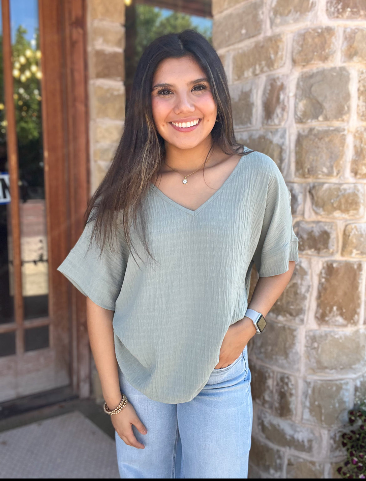 Sage Textured Fabric Loose Fit Short Sleeve Top