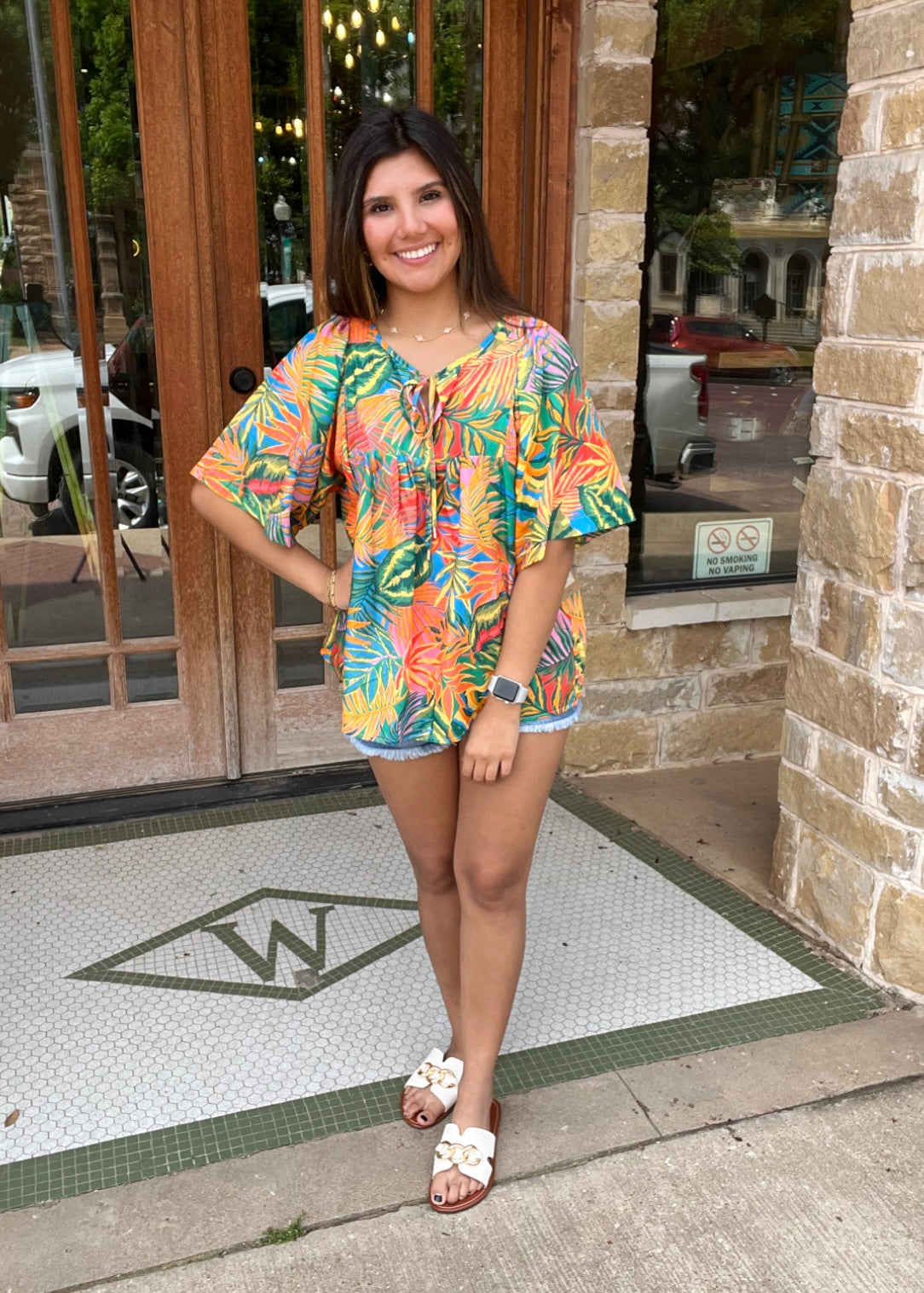 Tops | Tru Luxe Blouse Floral Tie Neck Shirred Yoke Front and Back Bell Sleeves