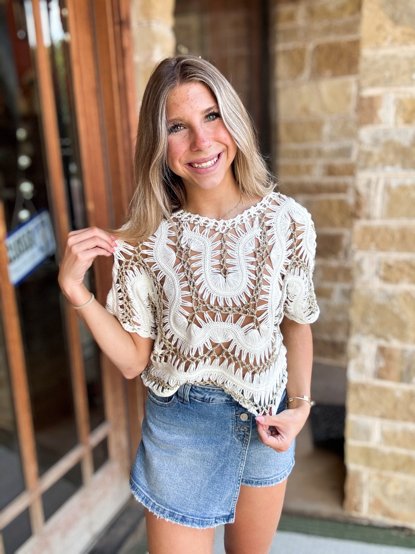 Taupe Crochet Metallic Thread Knitted Crop Top