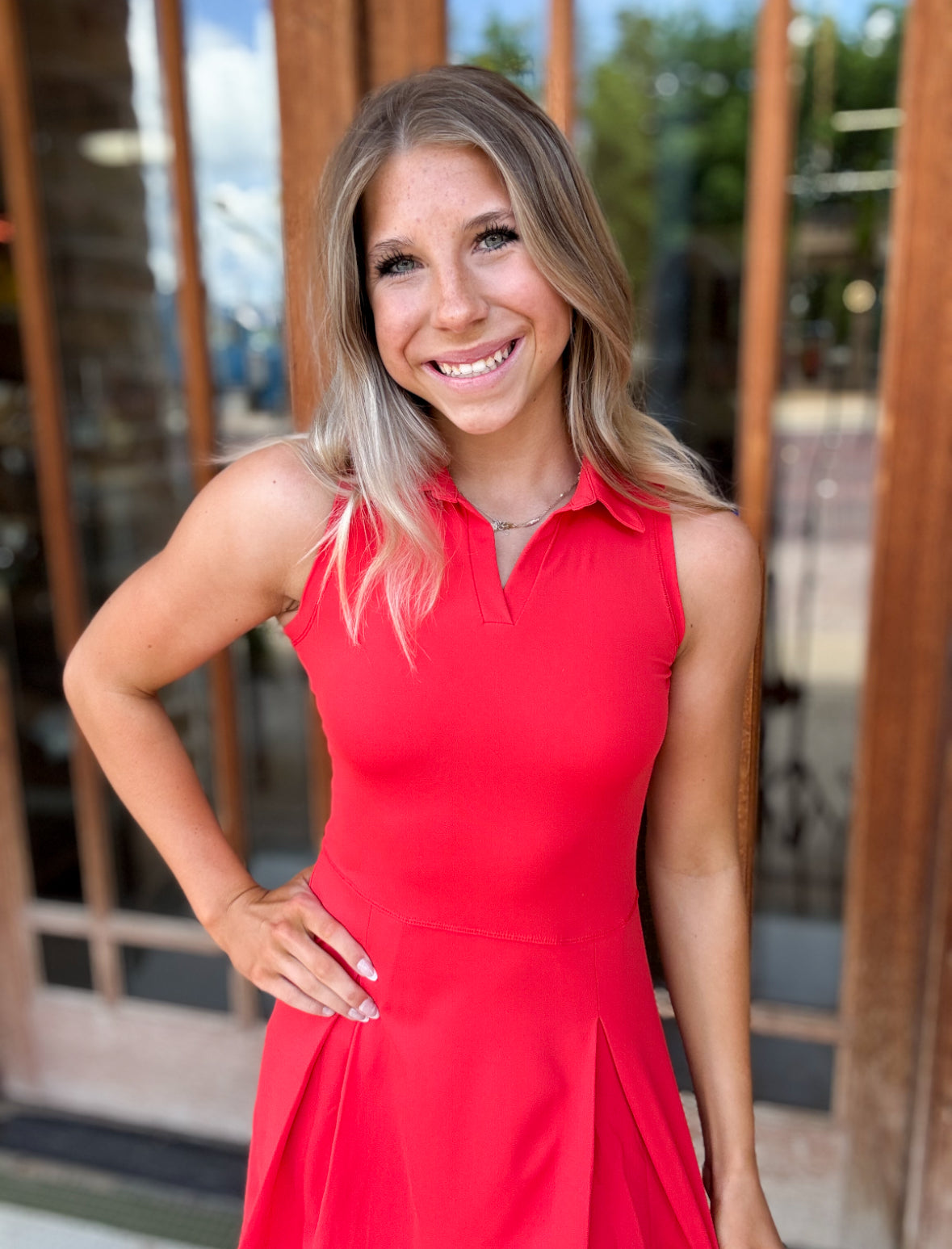 Red Racer Back Collar Pleated Tennis Dress