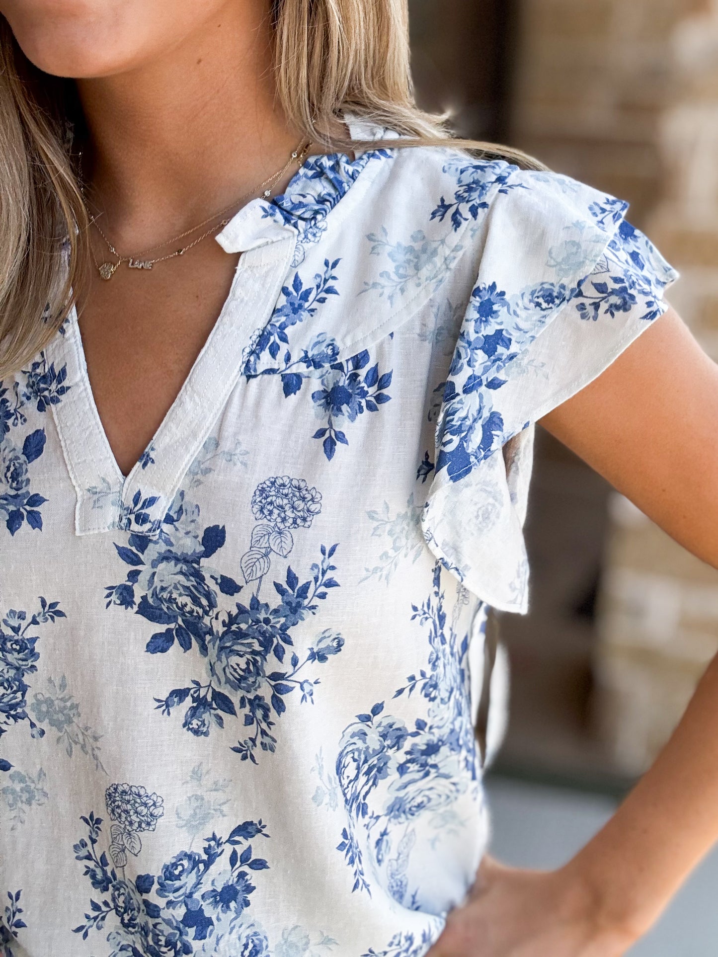 Tops | Tru Luxe Blouse Blue V-Neck Short Flutter Sleeve