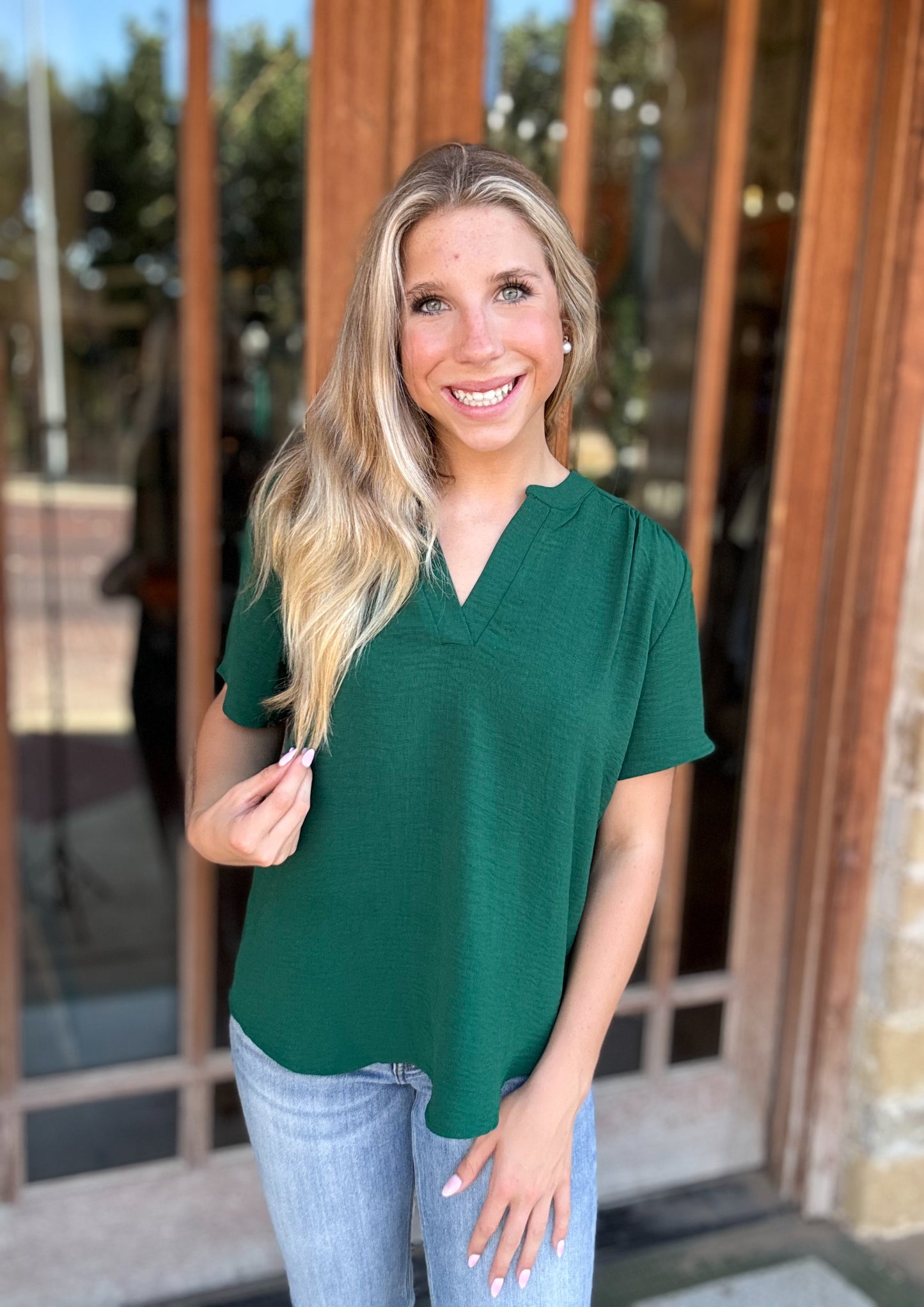 Tops | Blouse Satin Hunter Green Solid V-Neck