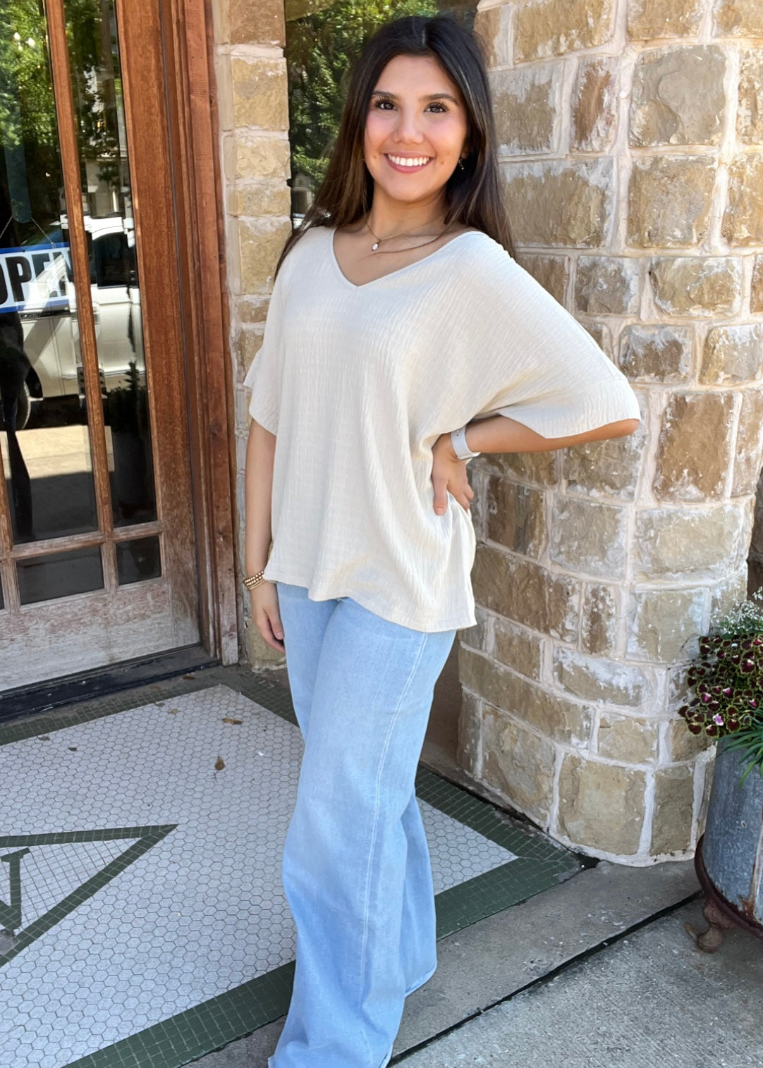 Taupe Textured Fabric Loose Fit Short Sleeve Top