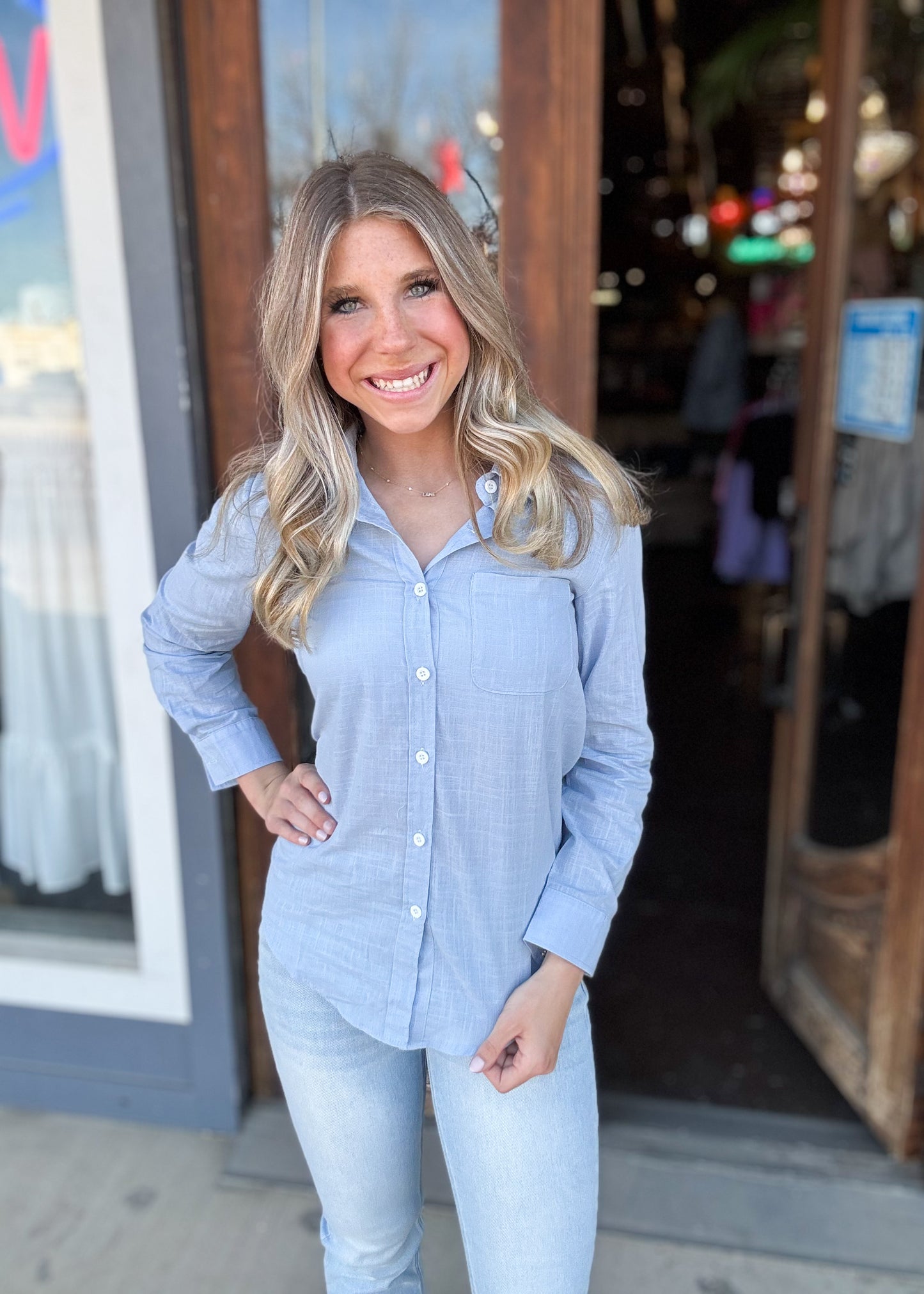 Tops | Blouse Blue Long Sleeve Loose Buttoned