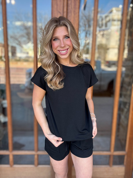 Black Round Neck Short Set