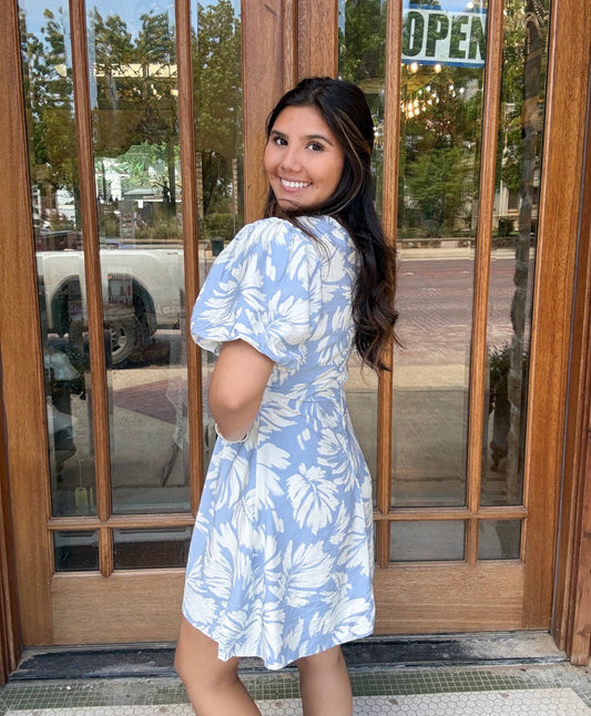 Dress - Tropical Print Puff Sleeve