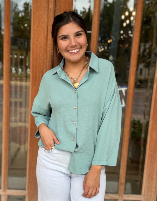 Tops | Peacock Blue Pleated Lapel Shirt Button Down