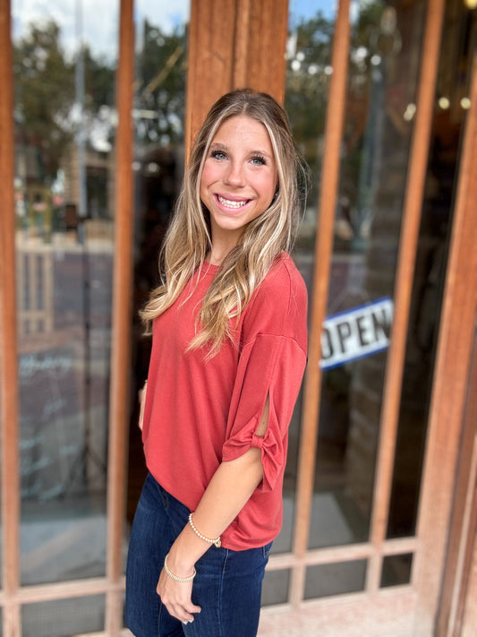 Tops | Blouse Rust Tie Accent Sleeve Soft Cupro