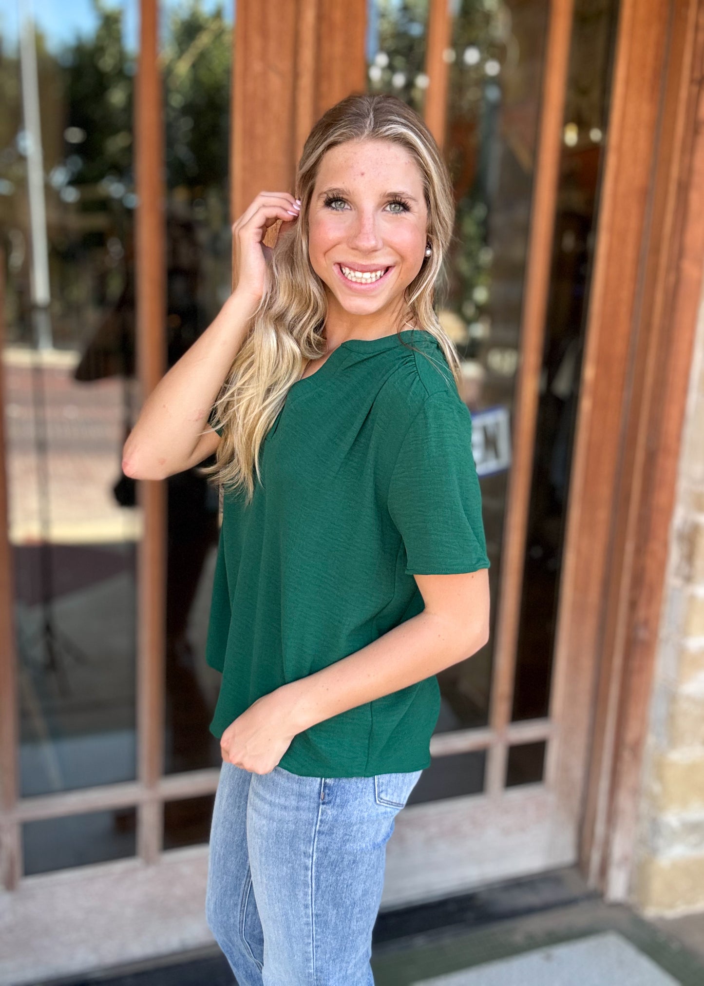 Tops | Blouse Satin Hunter Green Solid V-Neck