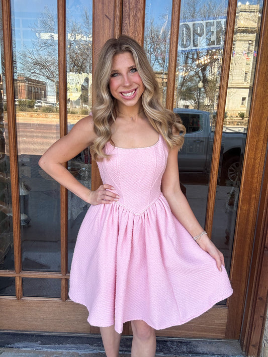 Pink Tweed Puff Mini Dress