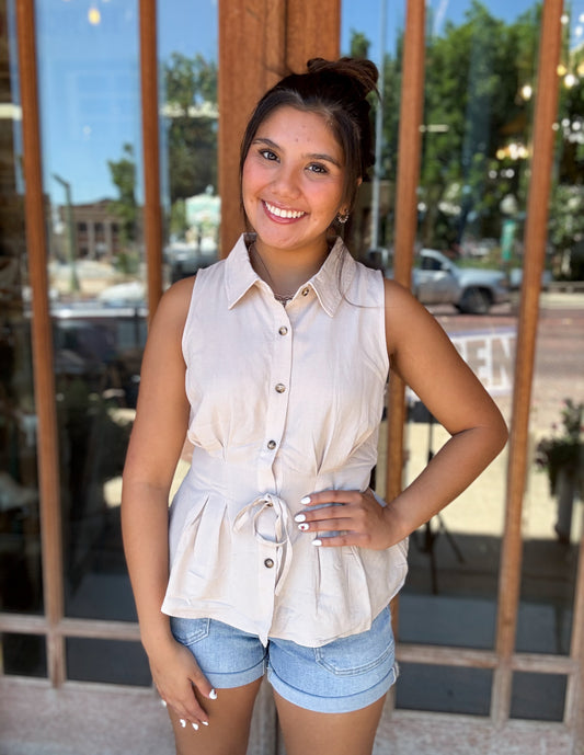 Top | Blouse Natural Pleated Detail Linen Blend Button Down