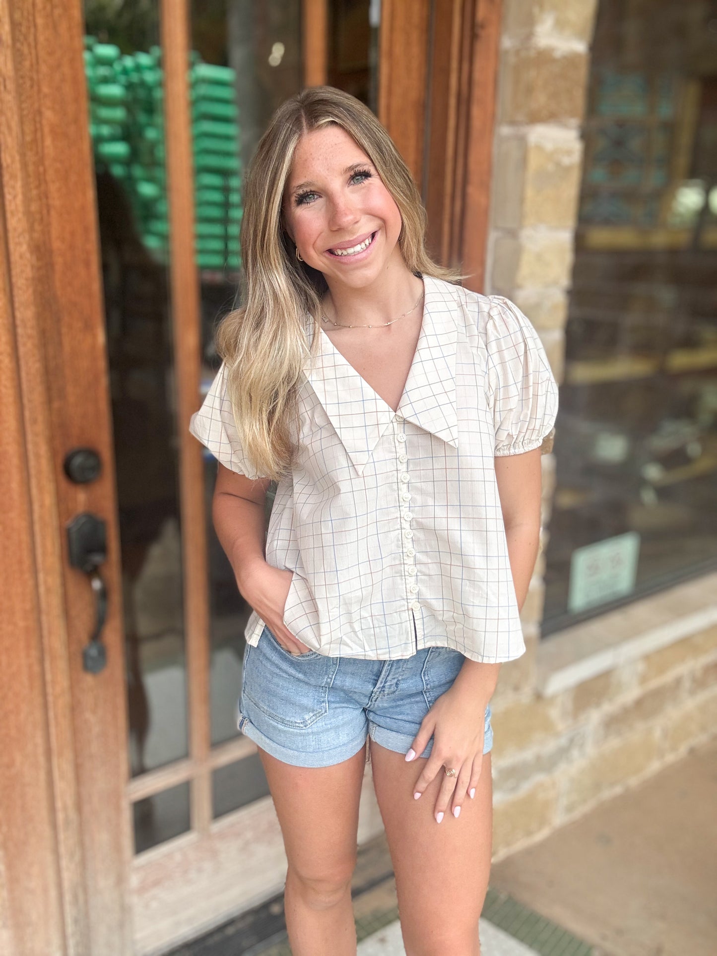 Tops | Blouse Light Taupe Checker Peter Pan Collar V-Neck Button