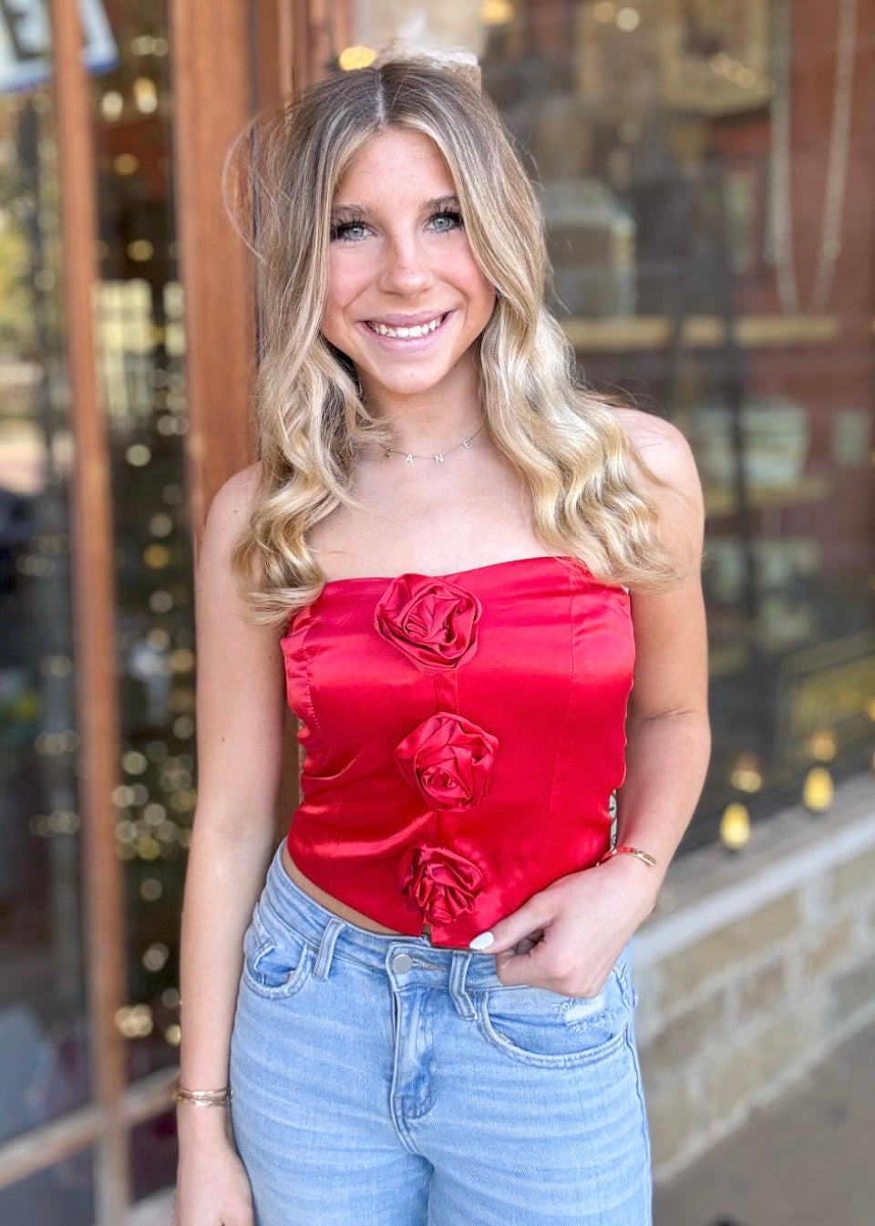 Top | Strapless Satin Top with Rose Details & Smocked Back