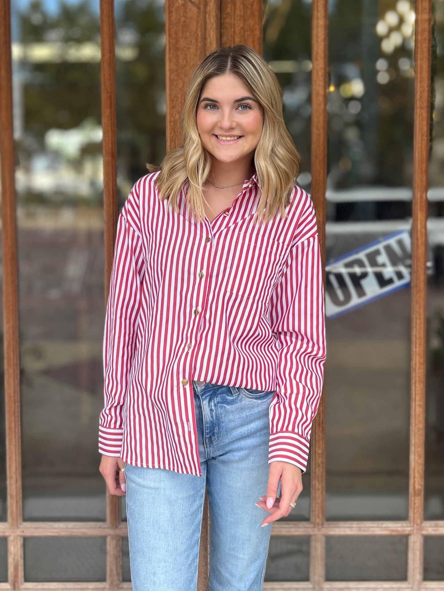 Tops | Blouse Stripe Patch Pocked Side Slit Loose Red