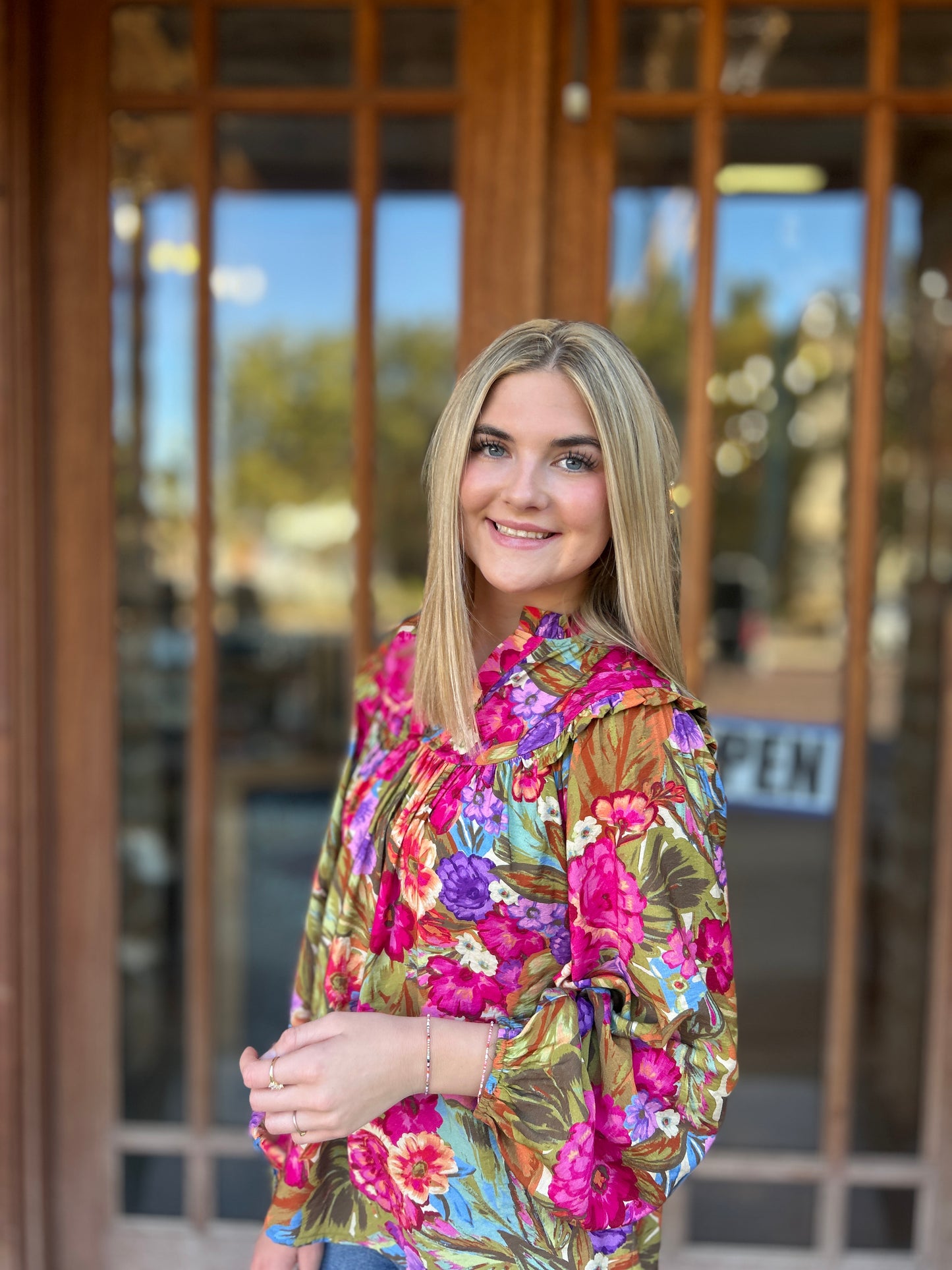 Tops | Blouse Floral Yoke Detail Balloon Sleeve