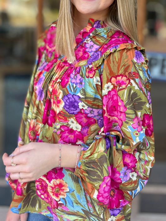 Tops | Blouse Floral Yoke Detail Balloon Sleeve