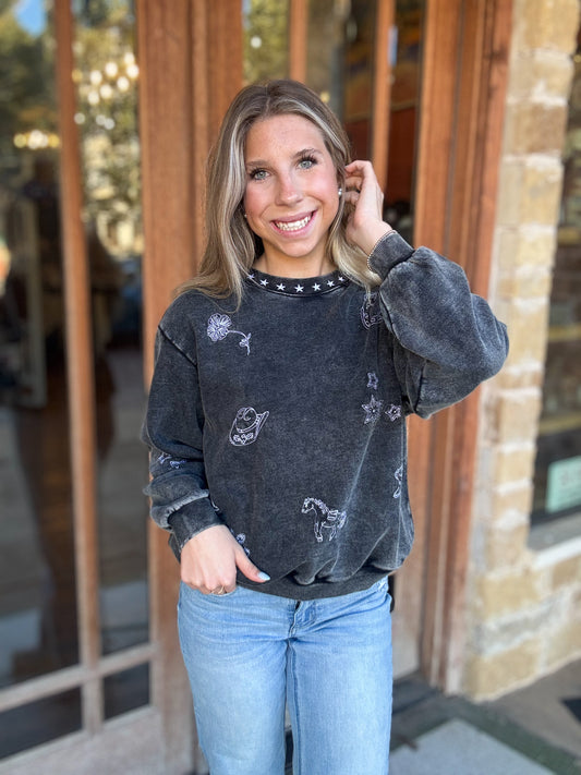 Tops | Sweatshirt Gray Mineral Wash Western Embroidered