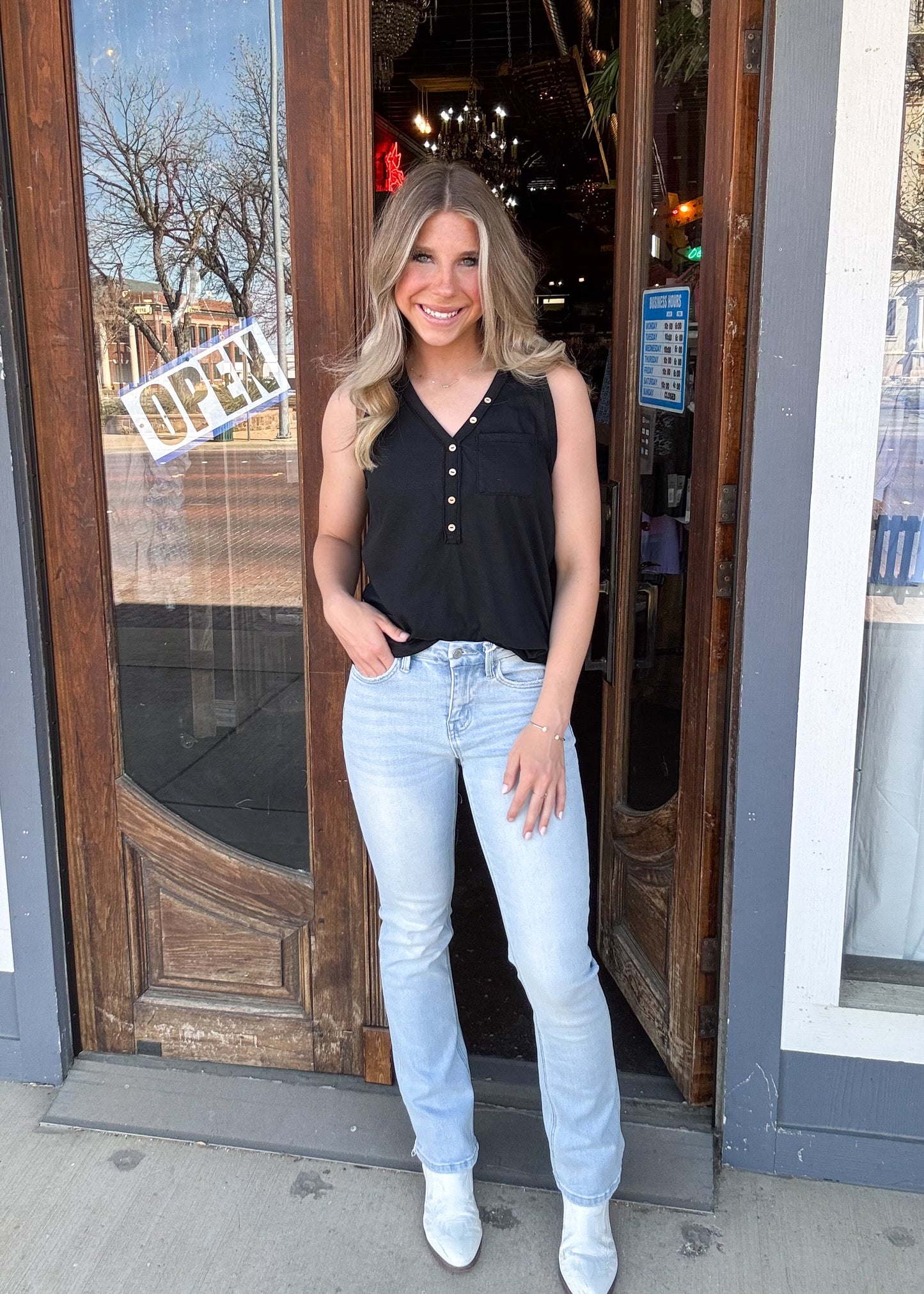 Tops | Tank Top Black Slub Knit Half Button Sleeveless