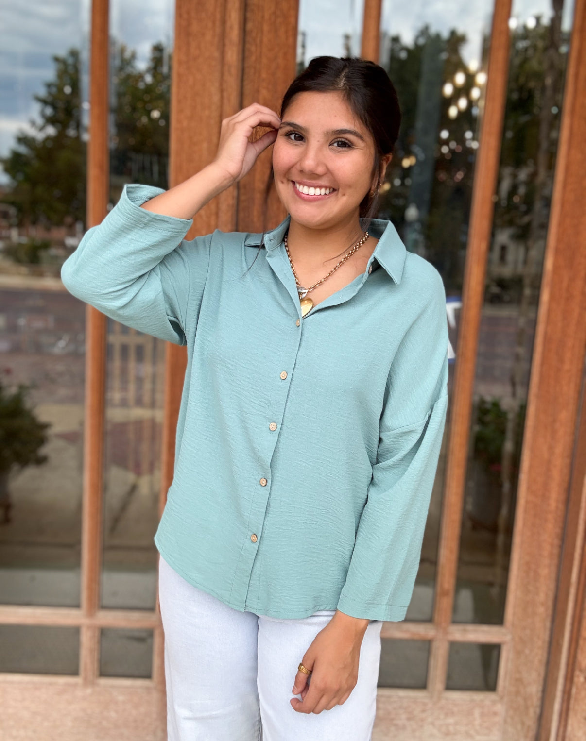 Tops | Peacock Blue Pleated Lapel Shirt Button Down