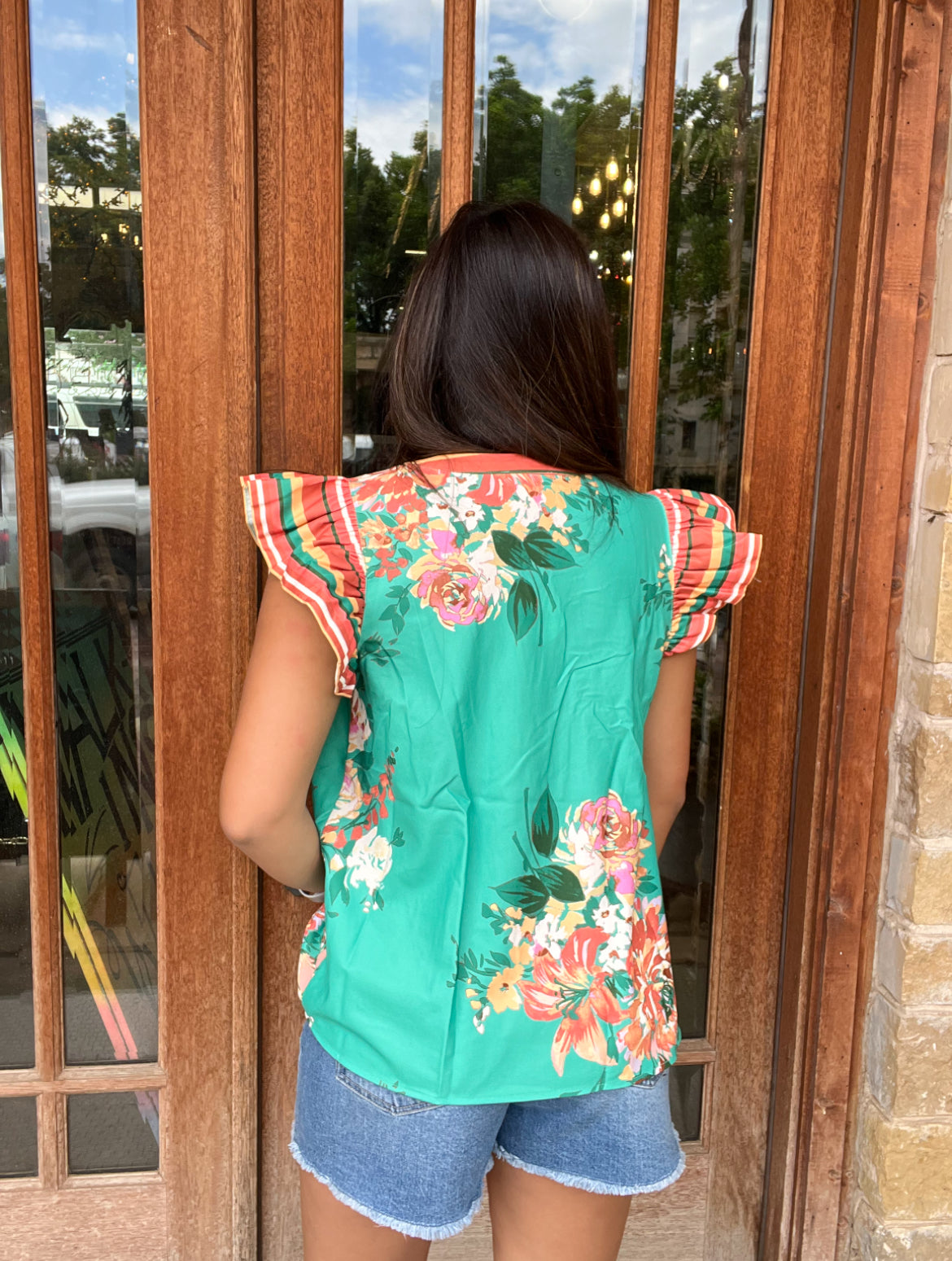Tops | Blouse Floral Printed with Border Flutter Sleeve and Placket