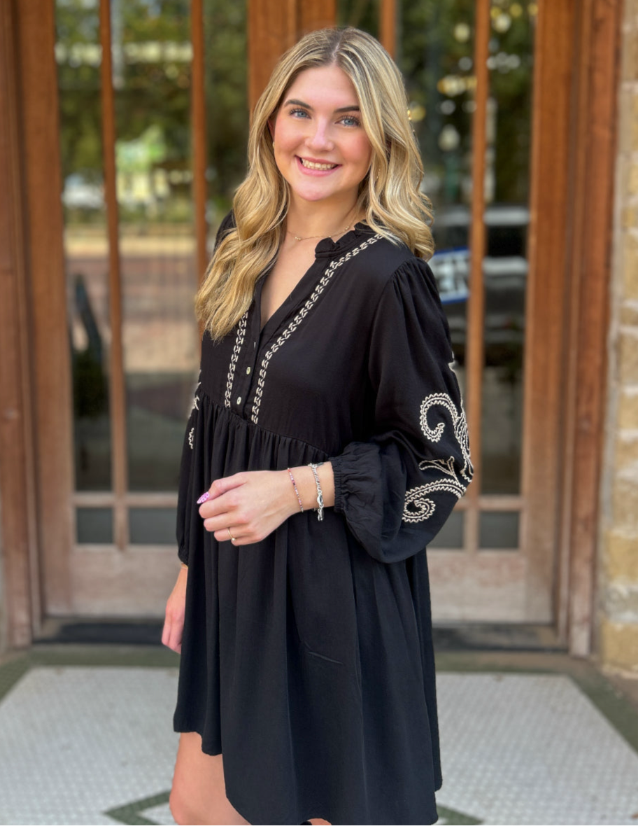 Dress | Mini Black Paisley Embroidered V-Neck Baby Doll
