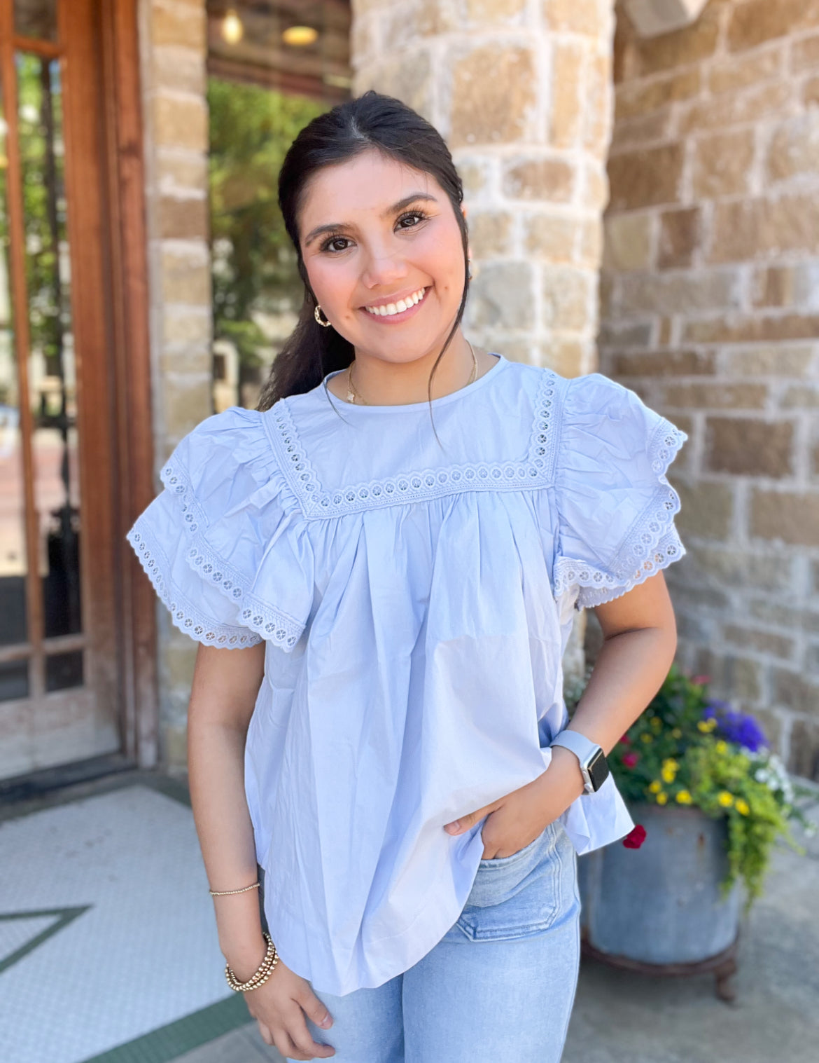 Tops | Blouse Baby Doll Style Blue Crochet Lace Detailing Poplin Fabric