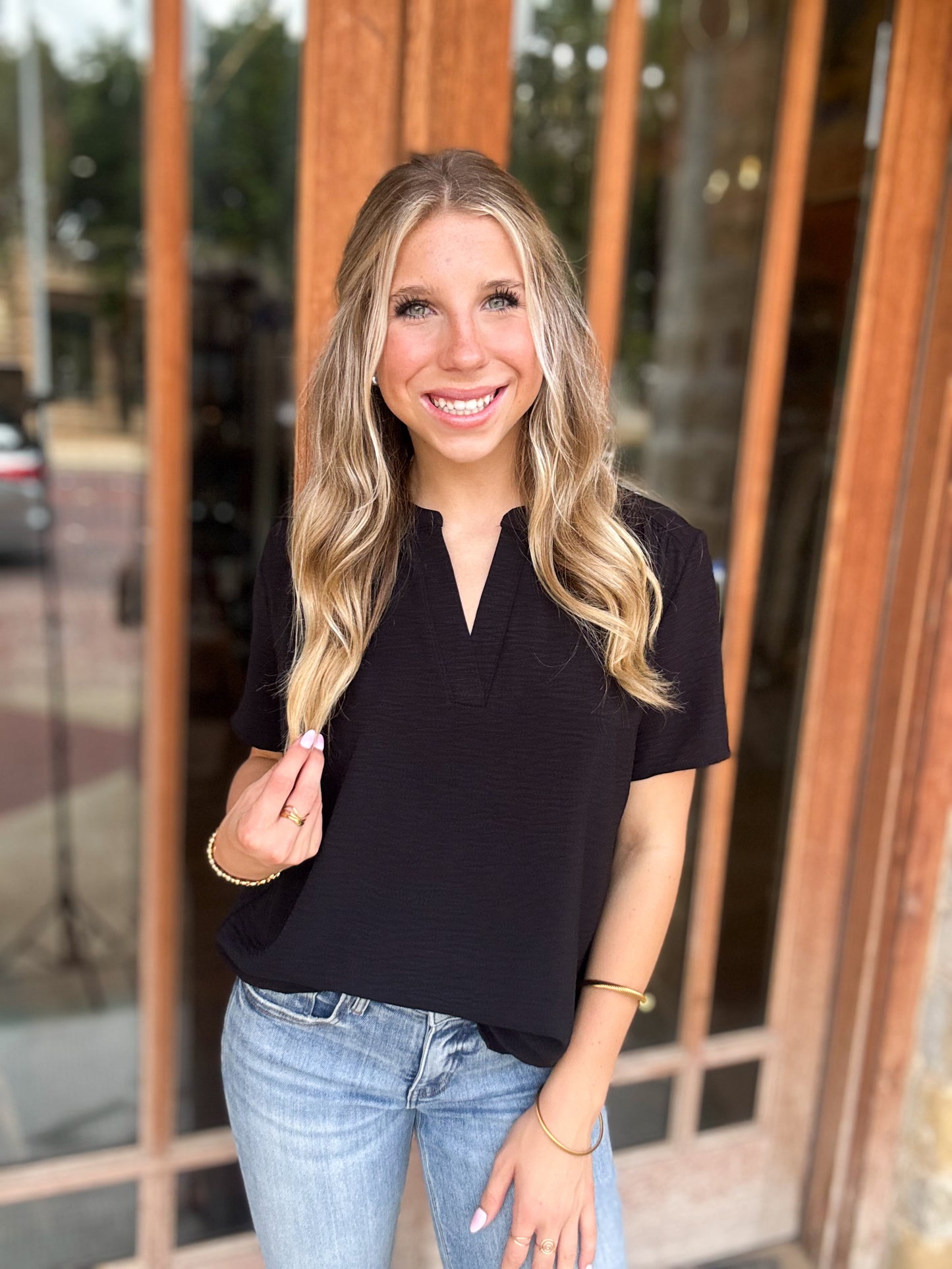 Tops | Blouse Satin Black Solid V-Neck
