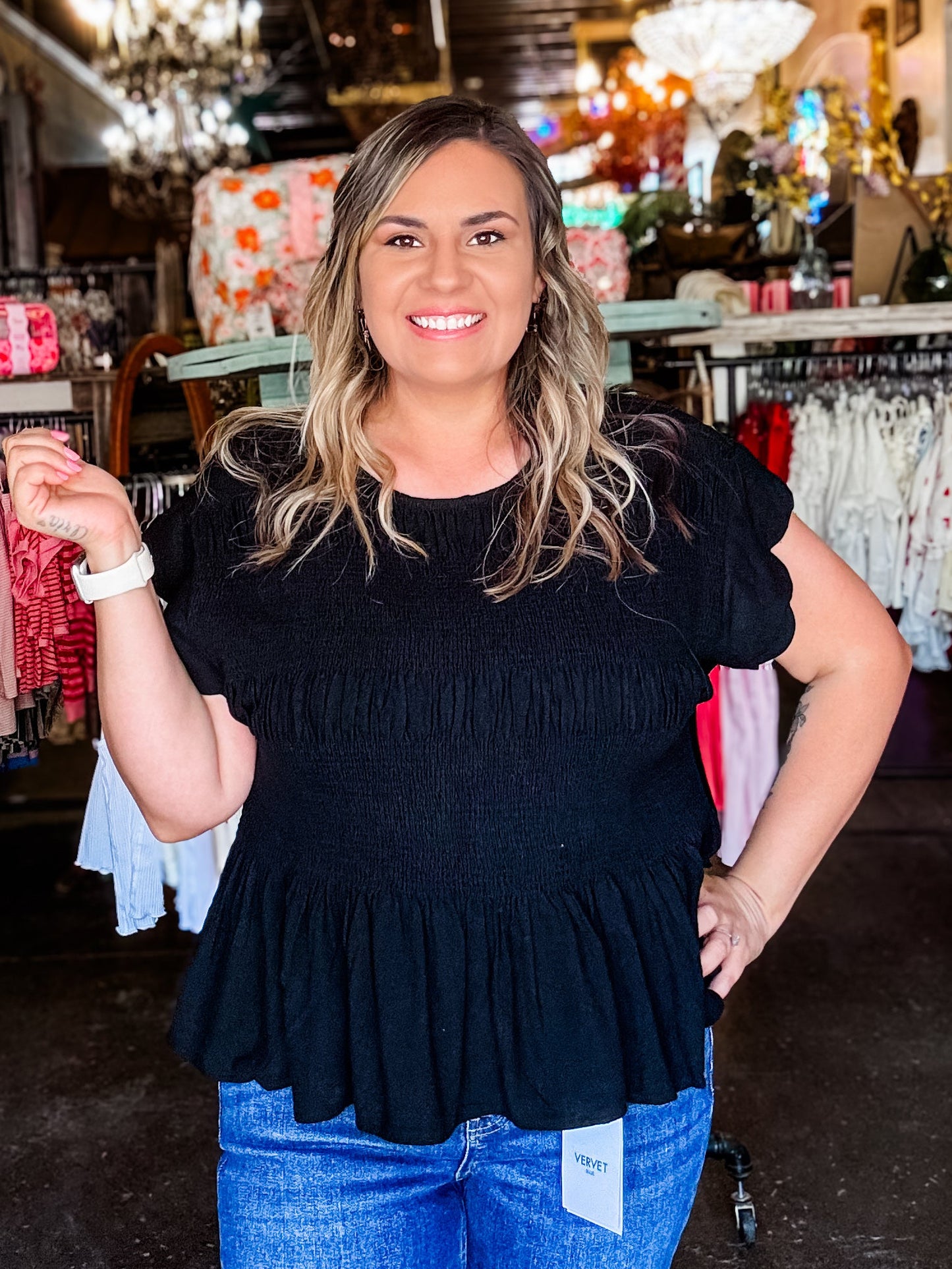 Umgee Blouse - Black Smocked Peplum