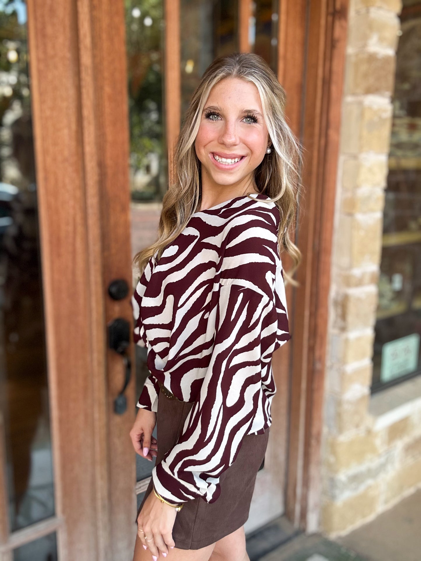 Tops | Blouse Geometric Brown Long Sleeve