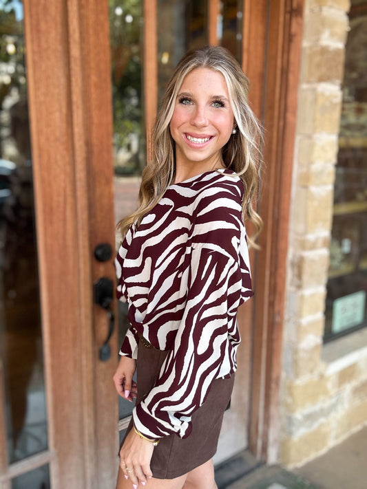 Tops | Blouse Geometric Brown Long Sleeve