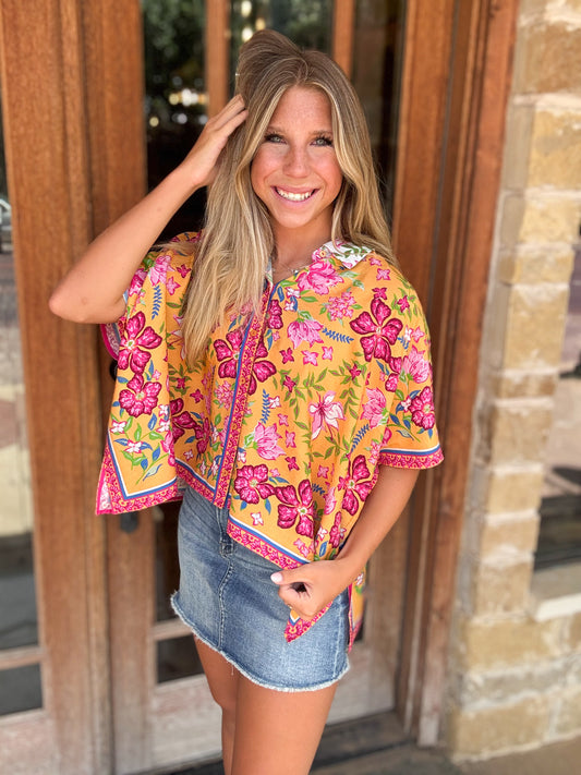 Tops | Blouse Floral Border Scarf Hem