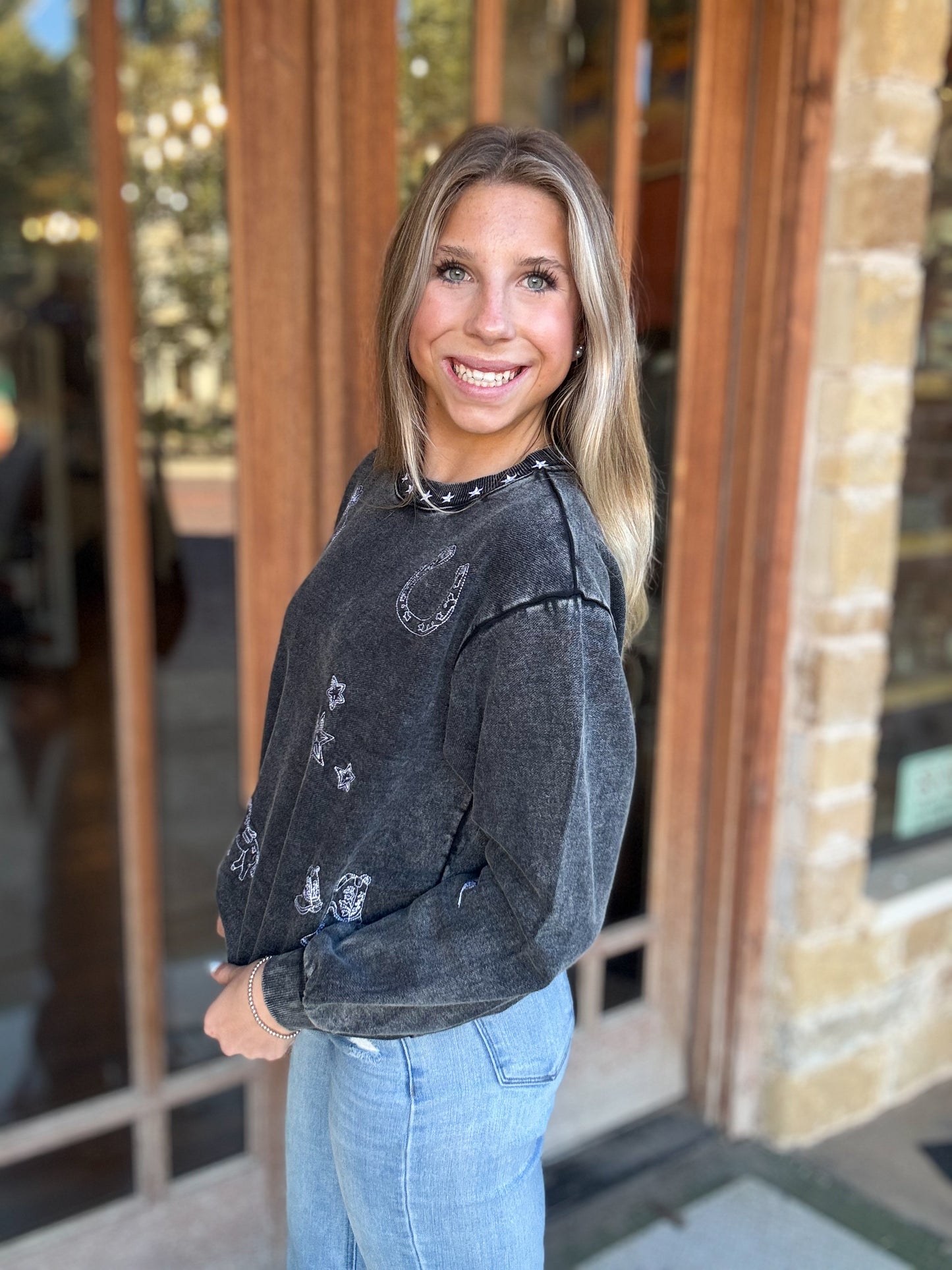 Tops | Sweatshirt Gray Mineral Wash Western Embroidered