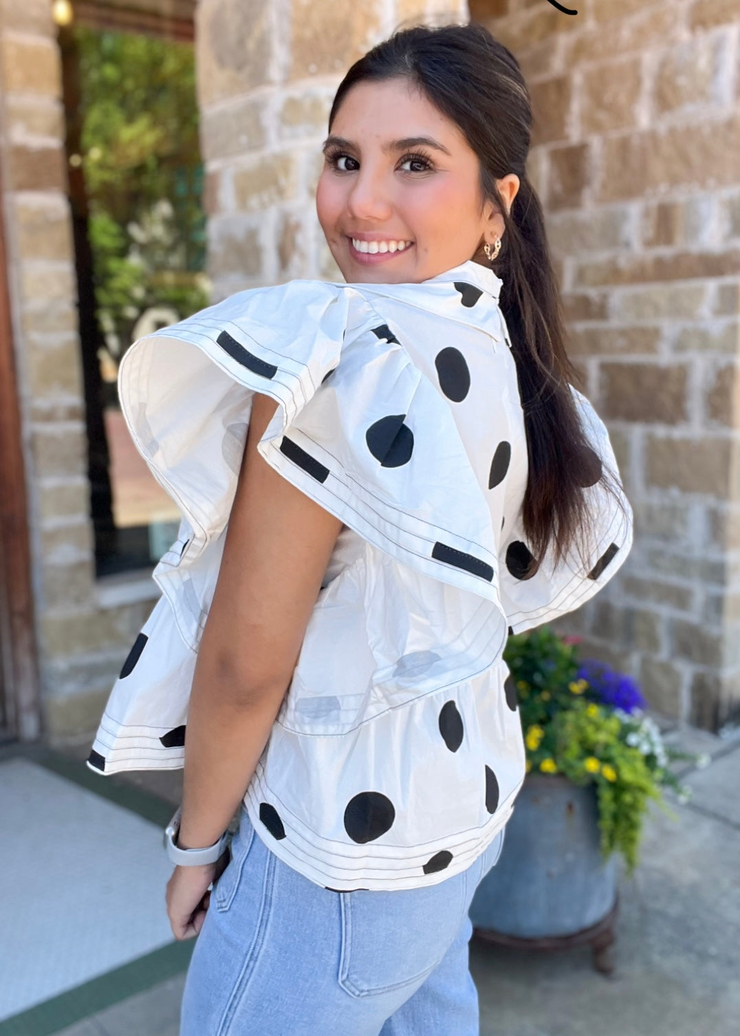 Polka Dot Ruffle Sleeves Pintuck Detail Ivory/Black