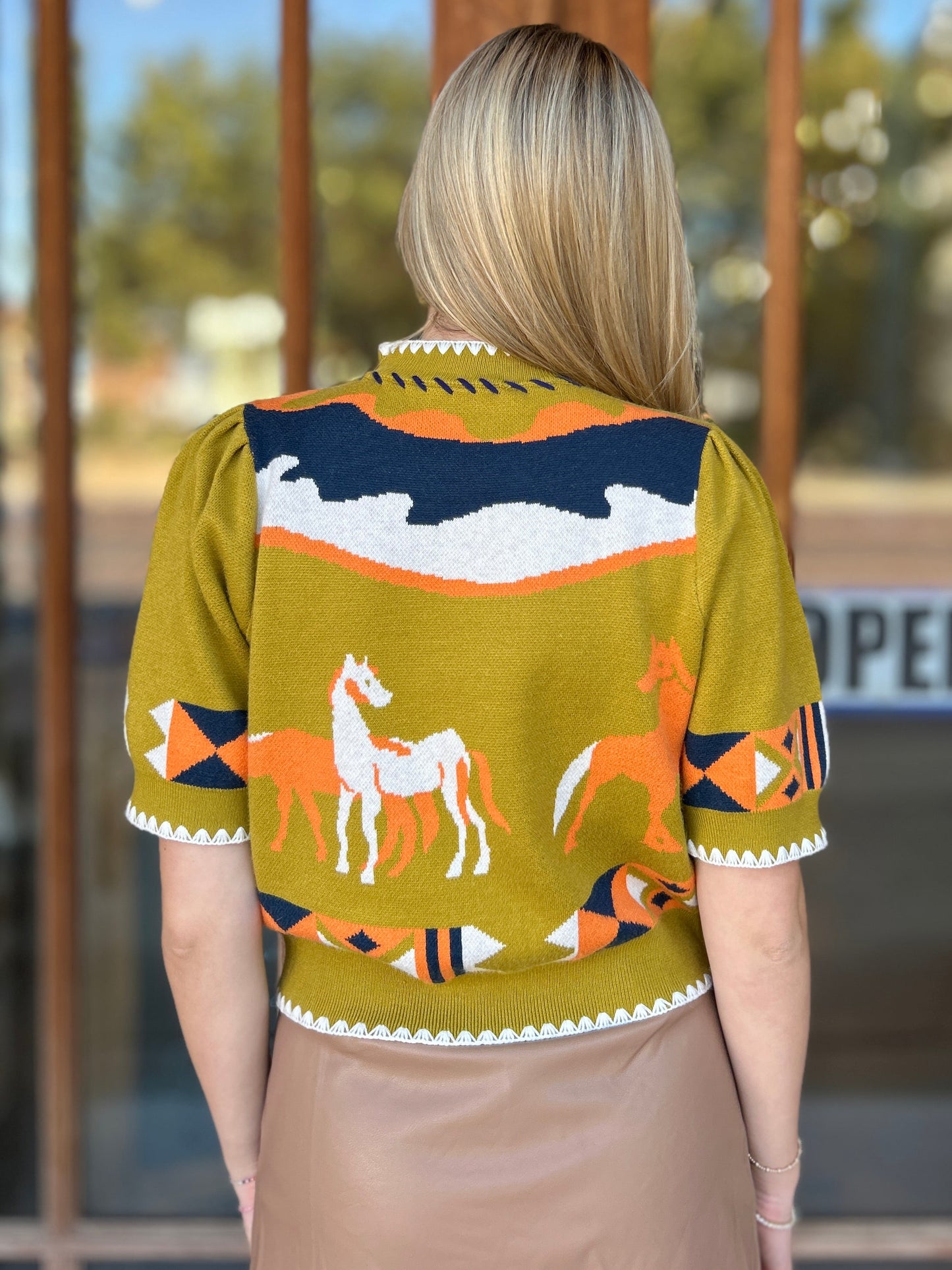 Tops | THML Sweater Short Sleeve Horse Detail Olive