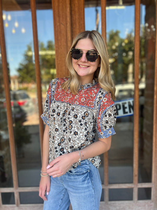 Tops | THML Blouse Cream Multi Flower Short Sleeve Pattern