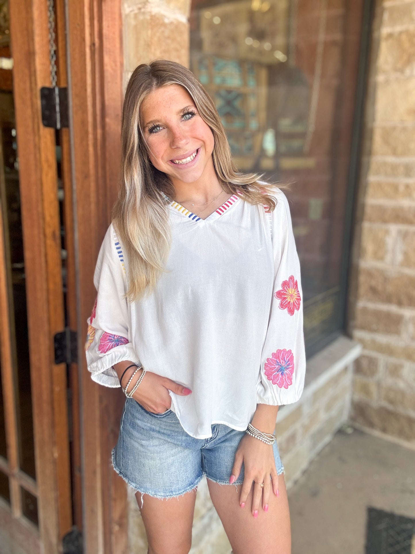 Tru Luxe White Embroidered Sleeve Split Neck Top