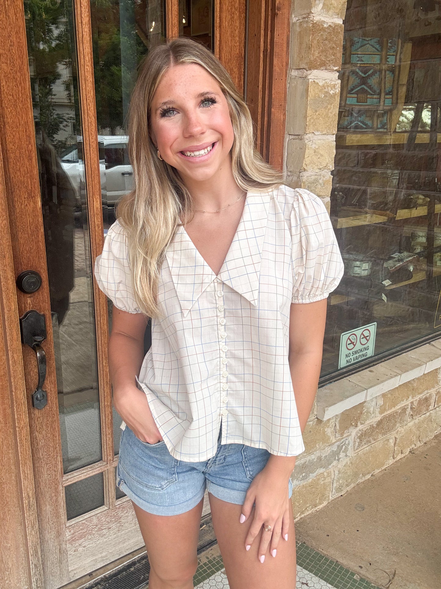 Tops | Blouse Light Taupe Checker Peter Pan Collar V-Neck Button