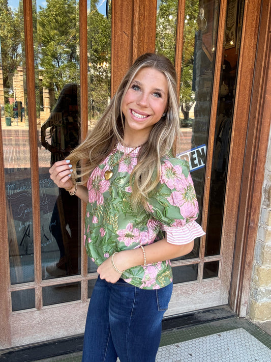 Tops | Blouse Pink Striped Ruffle Detailed Floral Jaquard