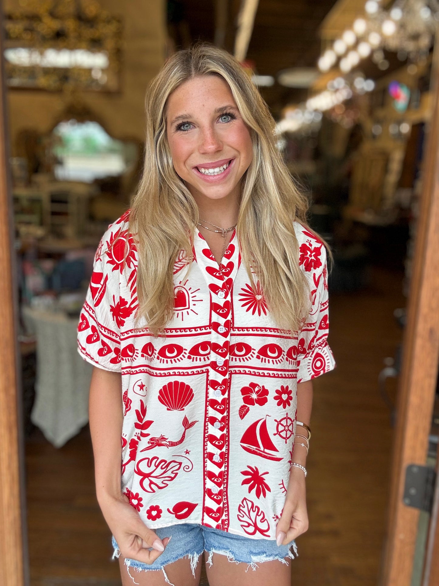 Top - Red Coastal Button Up