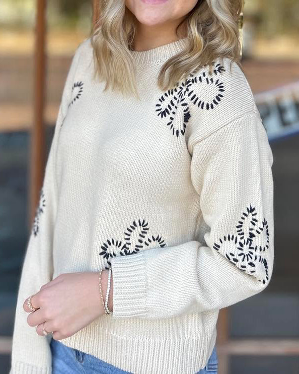 Tops | Sweater Floral Stitched Round Neck Long Sleeve