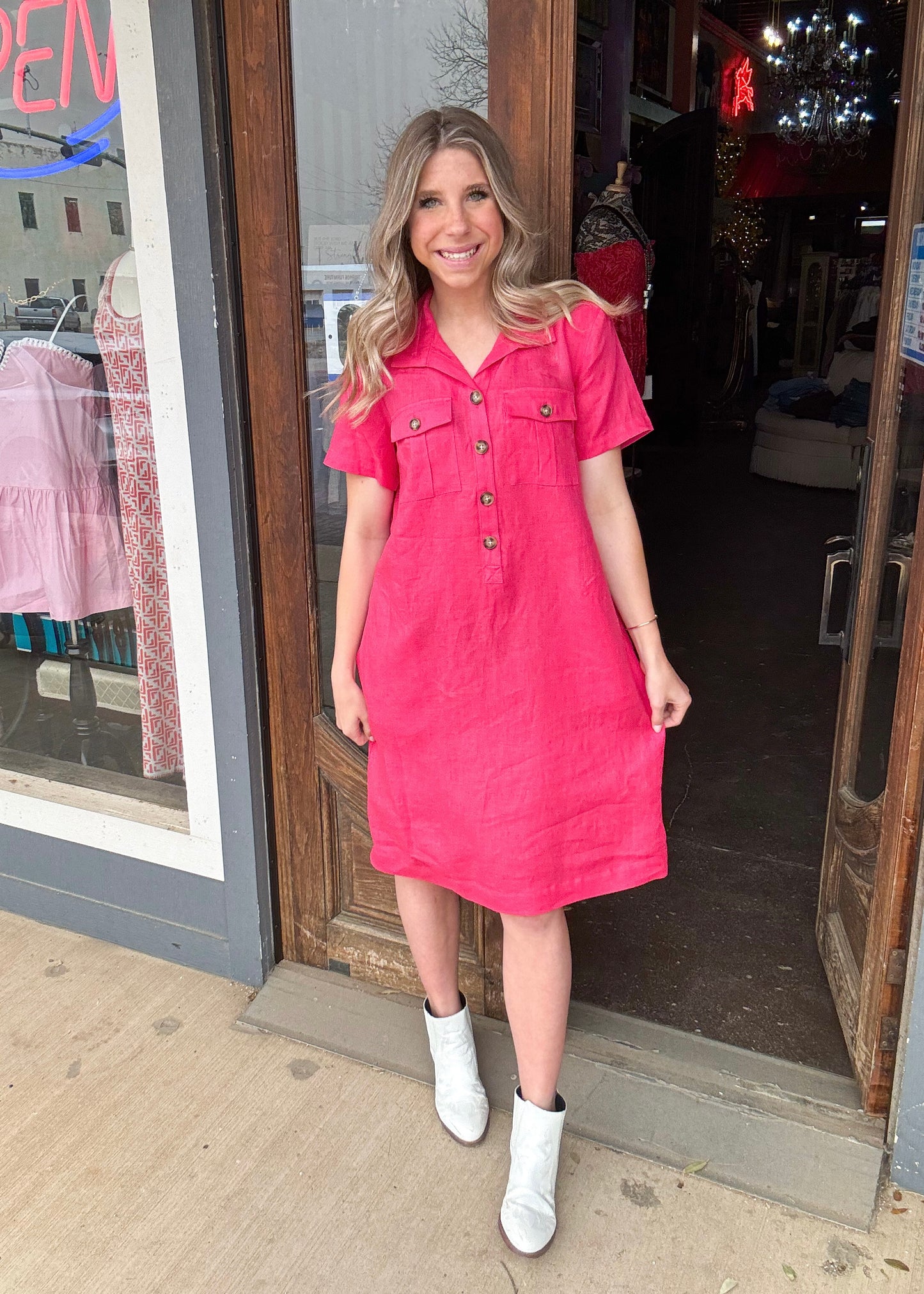 John Mark Button Up Magenta Short Sleeve Dress