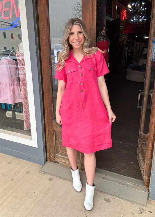 Dresses | John Mark Midi Button Up Magenta Short Sleeve