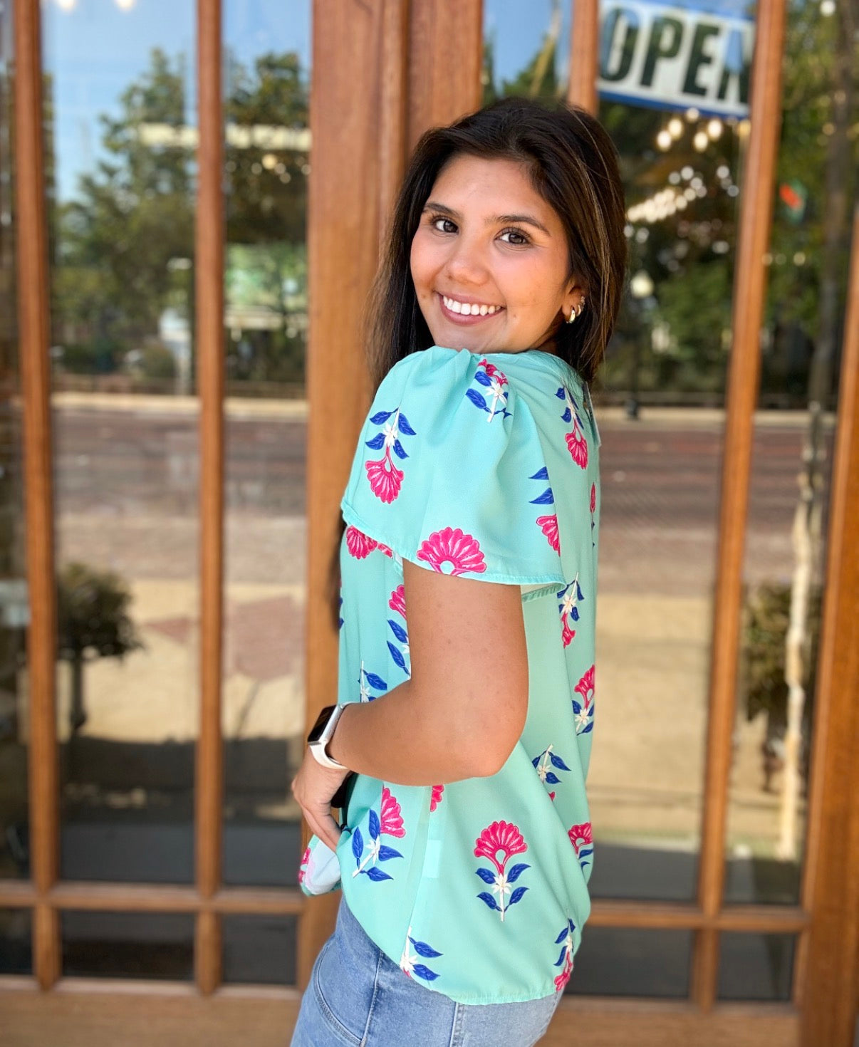 Blouse - Aqua Floral Flutter Sleeve