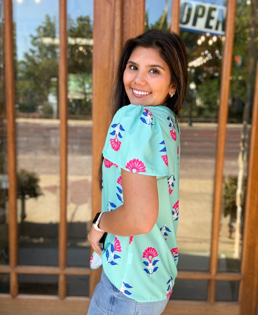Blouse - Aqua Floral Flutter Sleeve