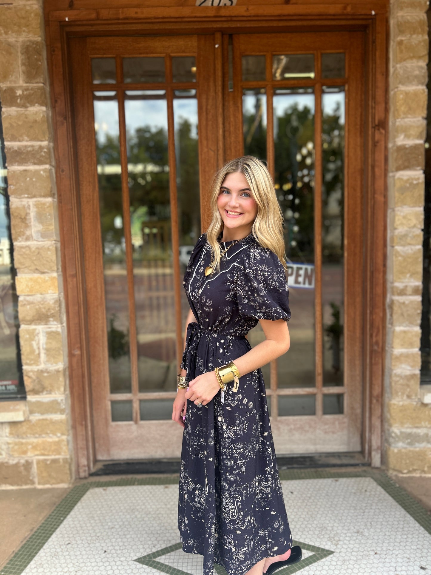 Dress | Midi Navy Paisley Print Button Front Contrast Piping in Top