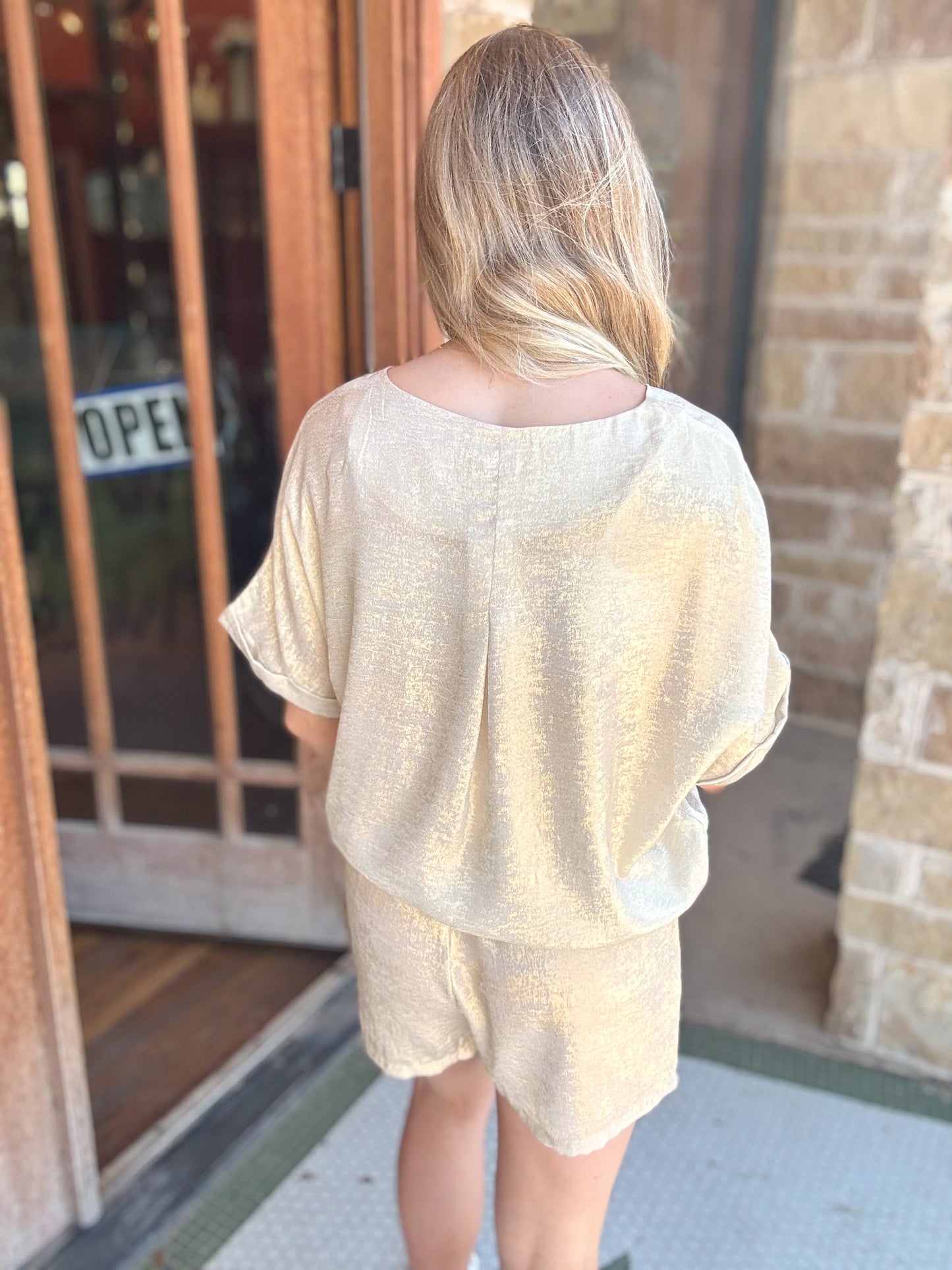 Sets | Jodifl Metallic Pearl Elastic Waist Shorts Roll Cuff Short Sleeves Round Neck