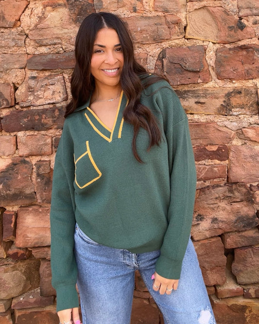 Tops | Sweater Ribbed Collared Green Mustard